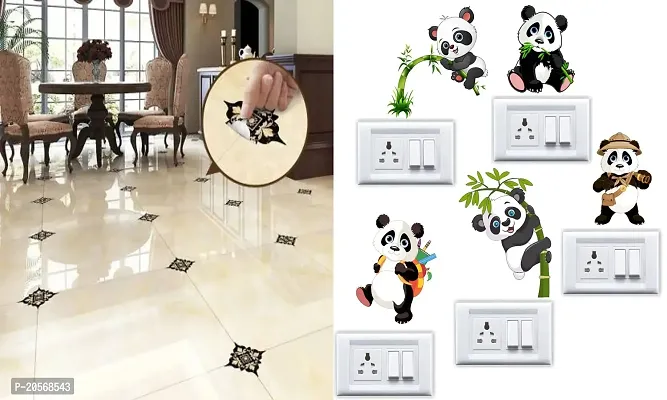 Ghar Kraft Set of 2 Wall Sticker Black with Golden Leaf Floor and Sb Panda Wall Sticker