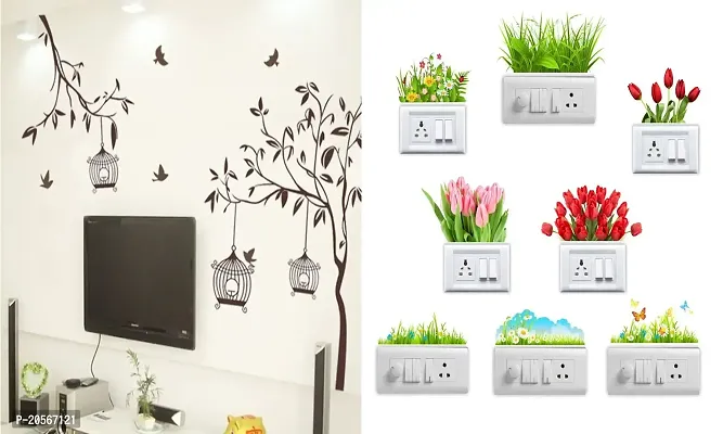 Ghar Kraft Set of 2 Wall Sticker Free Bird Cage Brown and Sb Flower Wall Sticker