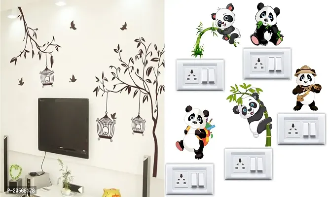 Ghar Kraft Set of 2 Wall Sticker Free Bird Cage Brown and Sb Panda Wall Sticker