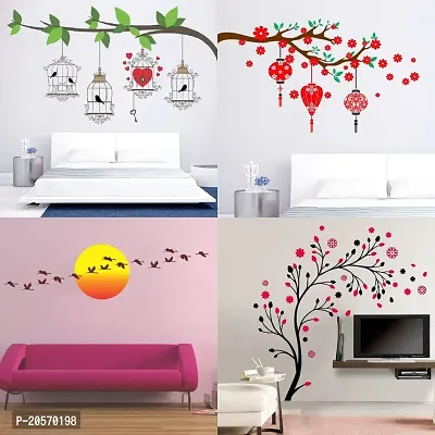 Ghar Kraft Set of 4 Combo Wall Stickers|Birdcase Key|Magical Tree|Red Flower  Lantern|Sunrise  Flying Bird