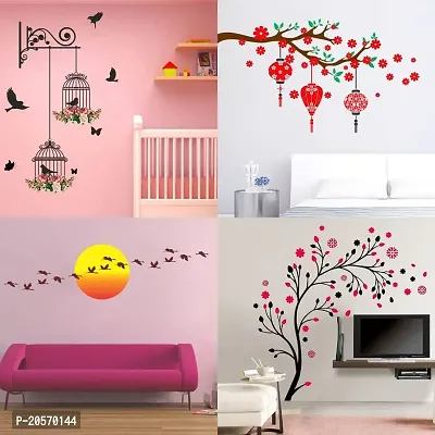 Ghar Kraft Set of 4 Combo Wall Stickers|Branches and Cages|Magical Tree|Red Flower  Lantern|Sunrise  Flying Bird