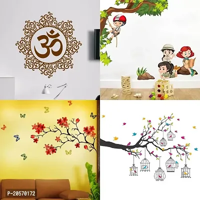 Ghar Kraft Set of 4 Combo Wall Stickers|Designer Om|Kids Activity|Chinese Flower|Branches Flowers  BirdCages-thumb0