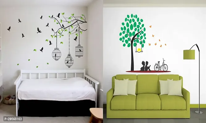 Ghar Kraft Set of 2 Wall Sticker Flying Bird with Cage and Kids Under The Tree Wall Sticker