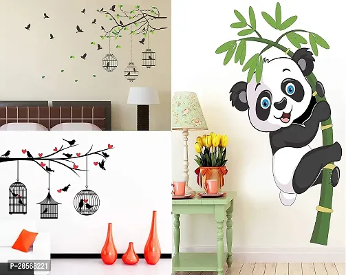 Ghar Kraft Flying Bird with Cage and Love Birds with Hearts PVC Vinyl Wall Sticker +1 Baby Panda Sticker Wall Decals for Home, Living Room, Bedroom Decoration