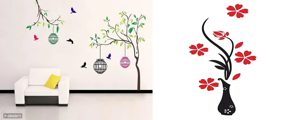 Ghar Kraft Set of 2 Free Bird Case Red Flower Vase Self Adhesive Hall, Living Room, Kids Room Wall Sticker