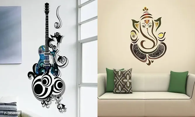 Ghar Kraft Set of 2 Wall Sticker Guitar and Royal Ganesh Wall Sticker