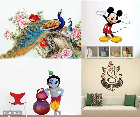 Ghar Kraft Royal Peacock, Mickey Mouse, Cute Bal Krishna Makhan Chor, Royal Ganesh Self Adhesive Wall Stickers for Home Decor Diwali Decoration Pack of 4