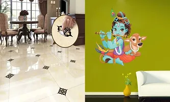 Ghar Kraft Set of 2 Wall Sticker Black with Golden Leaf Floor and Lord Krishna Playing with Cow Wall Sticker-thumb1