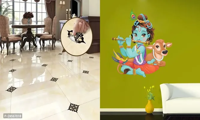 Ghar Kraft Set of 2 Wall Sticker Black with Golden Leaf Floor and Lord Krishna Playing with Cow Wall Sticker-thumb2