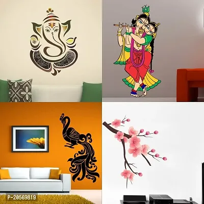 Ghar Kraft Set of 4 Combo Wall Stickers |Royal Ganesh|Radhe Krishna Multicolor|Peacock|Branch with Flowers