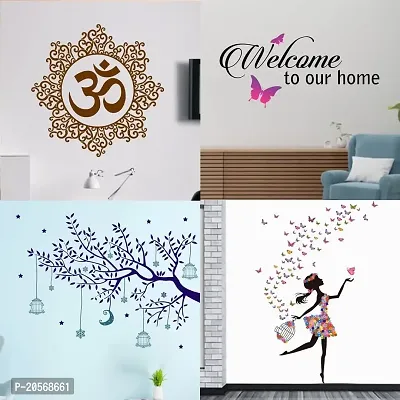 Ghar Kraft Set of 4 Combo Wall Stickers|Designer Om|Welcome Home Butterfly|Blue Tree Moon|Dreamy Girl|-thumb0