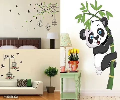 Ghar Kraft Branches and Cages and Flying Bird with Cage Wall Sticker+1 Baby Panda Sticker Wall Decals for Home, Living Room, Bedroom Decoration-thumb0