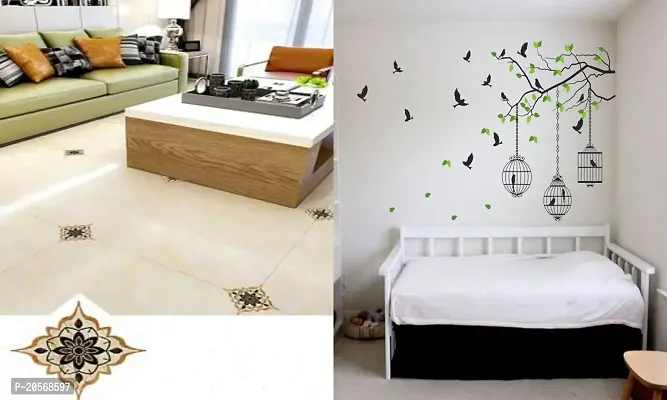 Ghar Kraft Set of 2 Wall Sticker Black with Golden Rangoli Floor Sticker and Flying Bird with Cage Wall Sticker