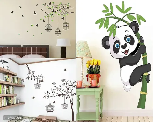 Ghar Kraft Flying Bird with Cage and Free Bird Cage Brown PVC Vinyl Wall Sticker+1 Baby Panda Sticker Wall Decals for Home, Living Room, Bedroom Decoration, Self-Adhesive