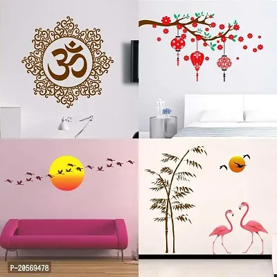 Ghar Kraft Set of 4 Combo Wall Stickers|Designer Om|Red Flower  Lantern|Sunrise  Flying Bird|Sunset swan Love|