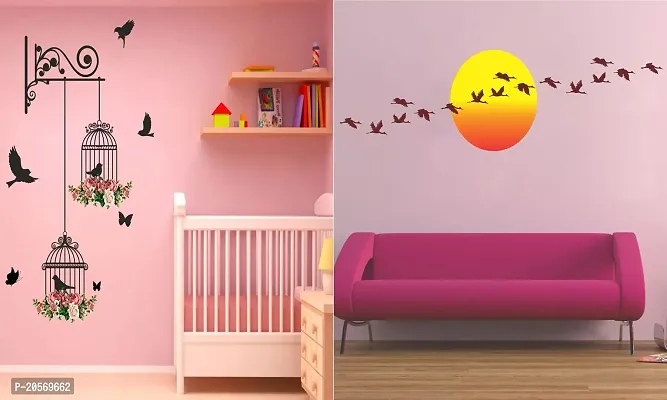 Ghar Kraft Set of 2 Wall Sticker Branches and Cages and Sunrise with Flying Birds Wall Sticker