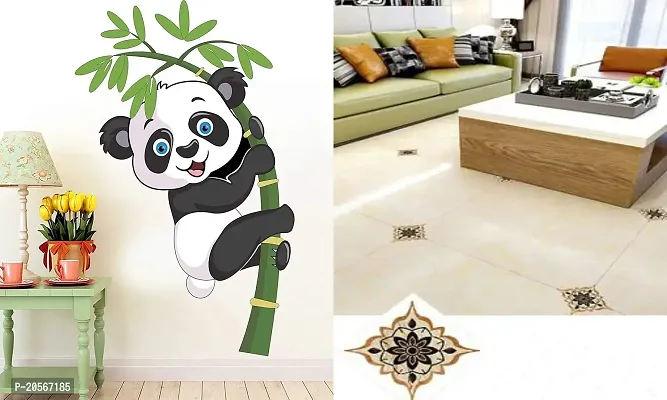 Ghar Kraft Set of 2 Wall Sticker Baby Panda with and Black with Golden Rangoli Floor Wall Sticker