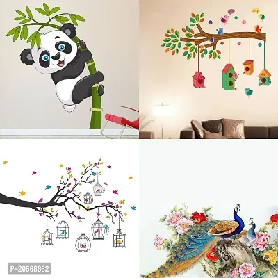 Ghar Kraft Set of 4 Combo Wall Stickers|Branches Flowers  BirdCages|Royal Peacock|Baby Panda|Bird House Branch-thumb0