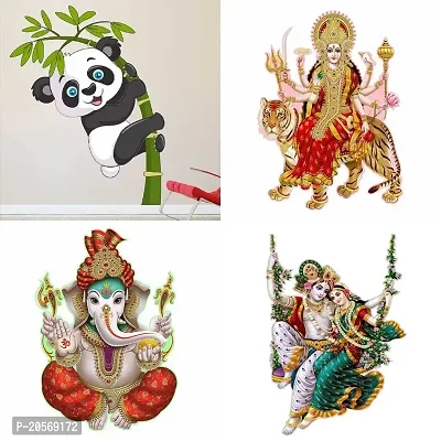 Ghar Kraft Set of 4 Combo Wall Stickers|Baby Panda|Sherawali Maa|Ekdant|Radhamadhav Jhula