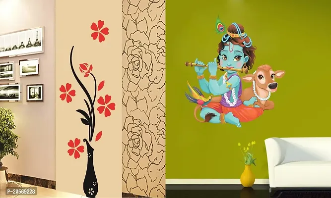 Ghar Kraft Set of 2 Wall Sticker Flower Vase Red and Lord Krishna Playing with Cow Wall Sticker