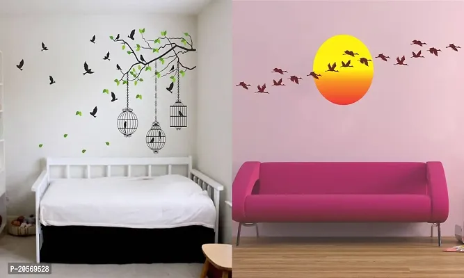 Ghar Kraft Set of 2 Wall Sticker Flying Bird with Cage and Sunrise with Flying Birds Wall Sticker