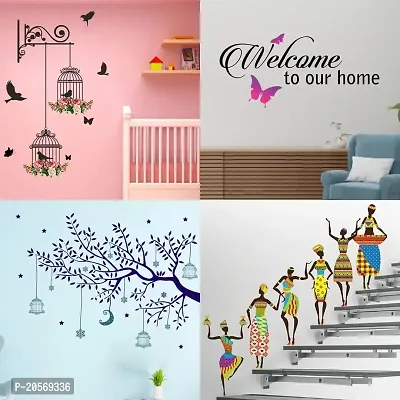 Ghar Kraft Set of 4 Combo Wall Stickers|Branches and Cages|Tribal Lady|Welcome Home Butterfly|Blue Tree Moon|