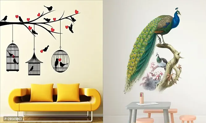 Ghar Kraft Set of 2 Wall Sticker Love Birds with Hearts and Nature Peacock Wall Sticker