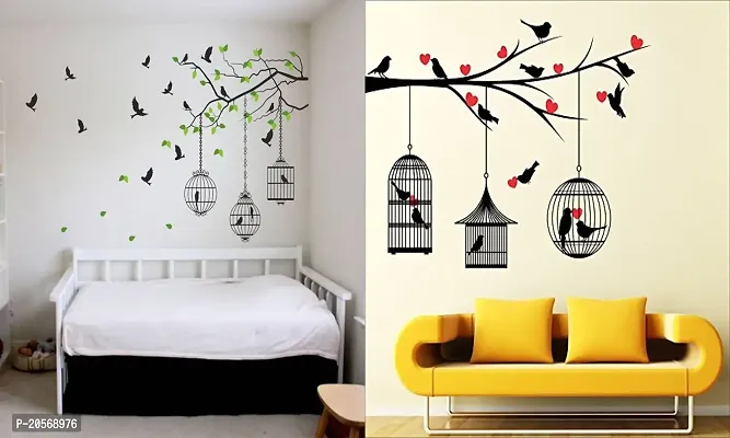 Ghar Kraft PVC Vinyl Wall Sticker Flying Bird with Cage and Love Birds with Hearts Wall Sticker, Set of 2