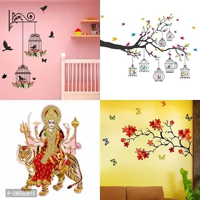 Ghar Kraft Set of 4 Combo Wall Stickers|Branches and Cages|Chinese Flower|Branches Flowers  BirdCages|Sherawali Maa