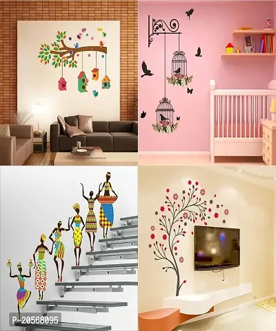 Ghar Kraft PVC Vinyl Tribal Lady | Bird House On A Branch | Branches and Cages Magical Tree Wall Sticker - Multicolour - Set of 4, Fantasy