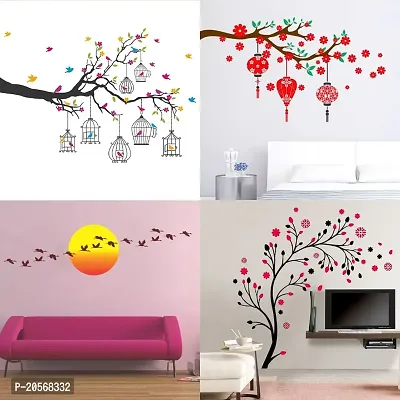 Ghar Kraft Set of 4 Combo Wall Stickers|Branches Flowers  BirdCages|Magical Tree|Red Flower Lantern|Sunrise Flying Bird-thumb0