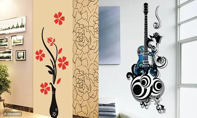 Ghar Kraft Set of 2 Wall Sticker Flower Vase Red and Guitar Wall Sticker