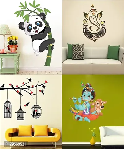 Ghar Kraft Set of 4 Wall Sticker Love Birds with Hearts | Baby Panda | Royal Ganesh | Royal Ganesh | Royal Ganesh | Lord Krishna Playing with Cow