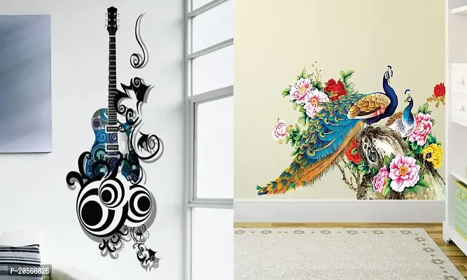 Ghar Kraft Set of 2 Wall Sticker Guitar and Royal Peacock Wall Sticker