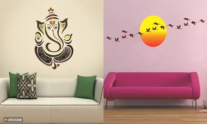 Ghar Kraft Set of 2 Wall Sticker Royal Ganesh and Sunrise with Flying Birds Wall Sticker