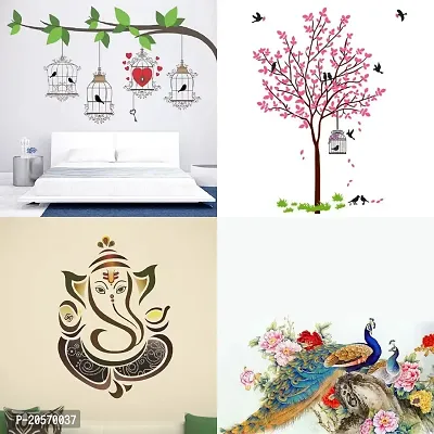 Ghar Kraft Set of 4 Combo Wall Stickers|Birdcase Key|Pink Tree Bird  Nest|Royal Ganesh|Royal Peacock|