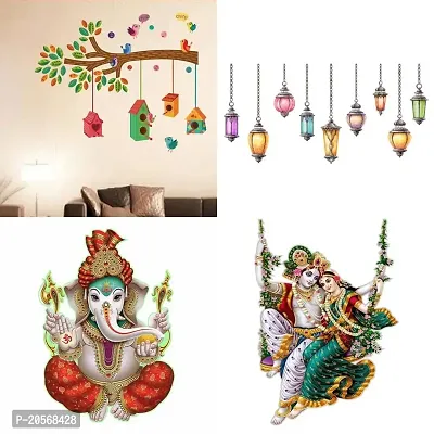 Ghar Kraft Set of 4 Combo Wall Stickers|Bird House Branch|Ekdant|Radhamadhav Jhula |Hanging Lamp|-thumb0