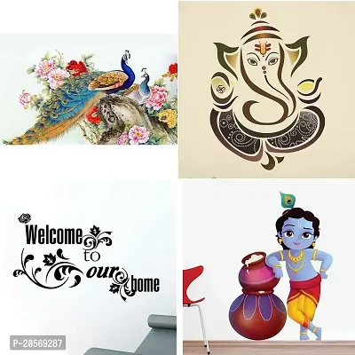 Ghar Kraft Set of 4 Combo Wall Stickers |Royal Peacock|Royal Ganesh|Welcome Home Vine|Cute Bal Krishna Makhan Chor-thumb0