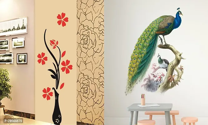 Ghar Kraft Set of 2 Wall Sticker Flower Vase Red and Nature Peacock Wall Sticker-thumb0