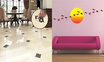 Ghar Kraft Set of 2 Wall Sticker Black with Golden Leaf Floor and Sunrise with Flying Birds Wall Sticker-thumb1