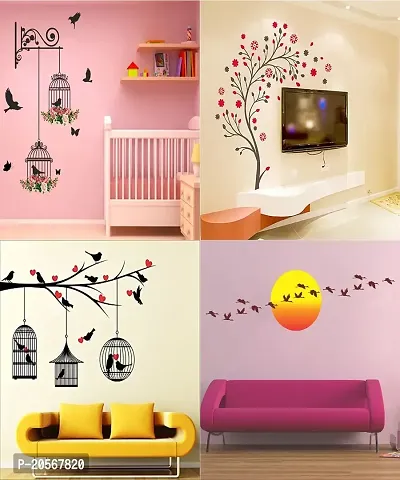 Ghar Kraft PVC Vinyl Wall Sticker Love Birds with Hearts | Branches and Cages | Magical Tree Sunrise with Flying Birds - Multicolor - Set of 4