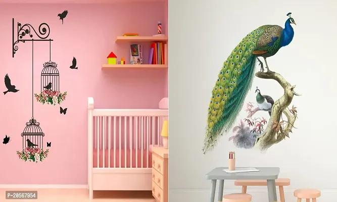 Ghar Kraft Set of 2 Wall Sticker Branches and Cages and Nature Peacock Wall Sticker-thumb0