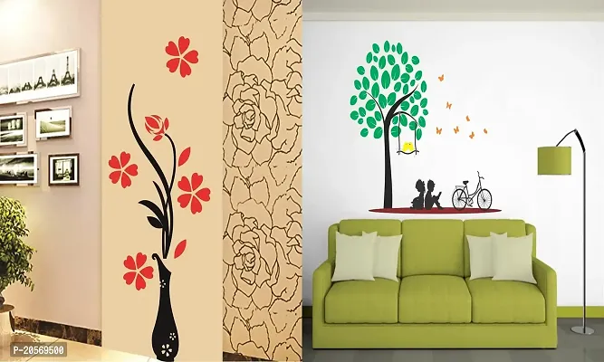 Ghar Kraft Set of 2 Wall Sticker Flower Vase Red and Kids Under The Tree Wall Sticker