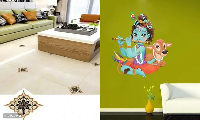 Ghar Kraft Set of 2 Wall Sticker Black with Golden Rangoli Floor Sticker Andlord Krishna Playing with Cow Wall Sticker