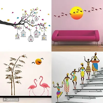 Ghar Kraft Set of 4 Combo Wall Stickers|Branches Flowers  BirdCages|Sunrise  Flying Bird|Sunset swan Love|Tribal Lady|