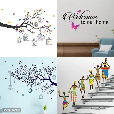 Ghar Kraft Set of 4 Combo Wall Stickers|Branches Flowers  BirdCages|Tribal Lady|Welcome Home Butterfly|Blue Tree Moon|-thumb0