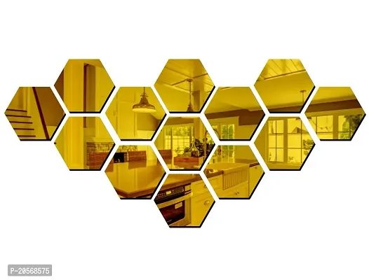Ghar Kraft Hexagon 13 Golden 3D Mirror Acrylic Wall Sticker | Wall Decals for Home, Living Room, Bedroom Decoration-thumb0