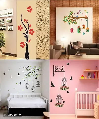 Ghar Kraft Set of 4 Vinyl Wall Sticker Flying Bird with Cage | Flower Vase Red | Bird House On A Branch | Bird House On A Branch | Bird House On A Branch | Branches and Cages