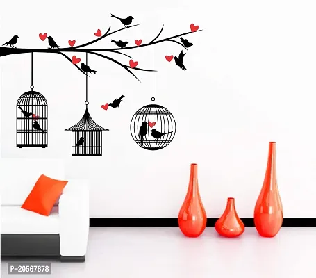 Ghar Kraft Set of 4 Wall Sticker Love Birds with Hearts | Flying Bird with Cage | Flower Vase Red | Flower Vase Red | Flower Vase Red | Bird House On A Branch(PVC Vinyl)-thumb2