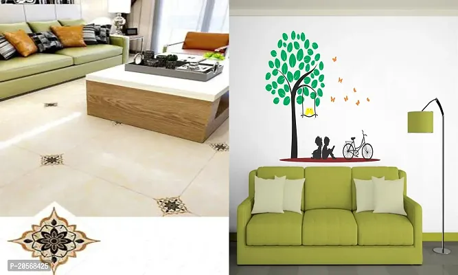 Ghar Kraft Set of 2 Wall Sticker Black with Golden Rangoli Floor and Kids Under The Tree Wall Sticker